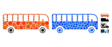 Bus composition of filled circles in variable sizes and shades, based on bus icon. Vector filled circles are grouped into blue mosaic. Dotted bus icon in usual and blue versions.のイラスト素材