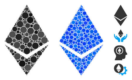 Ethereum crystal mosaic of small circles in various sizes and color tones, based on Ethereum crystal icon. Vector random circles are united into blue mosaic.のイラスト素材