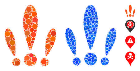 Alert composition of filled circles in variable sizes and color tinges, based on alert icon. Vector filled circles are grouped into blue illustration. Dotted alert icon in usual and blue versions.のイラスト素材