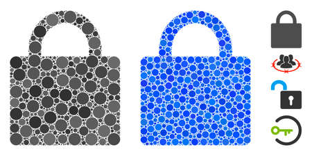 Lock composition of round dots in various sizes and color hues, based on lock icon. Vector round dots are combined into blue illustration. Dotted lock icon in usual and blue versions.のイラスト素材