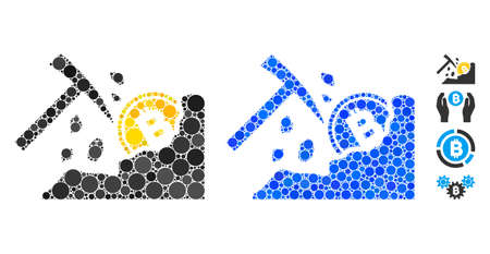 Bitcoin mining hammer composition of round dots in variable sizes and color tones, based on Bitcoin mining hammer icon. Vector round dots are combined into blue mosaic.のイラスト素材