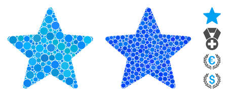 Star mosaic of filled circles in different sizes and color tints, based on star icon. Vector filled circles are organized into blue mosaic. Dotted star icon in usual and blue versions.のイラスト素材