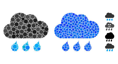 Rain weather mosaic of round dots in various sizes and color tinges, based on rain weather icon. Vector round elements are grouped into blue mosaic.のイラスト素材