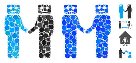 Cyborg meeting composition of round dots in variable sizes and color tinges, based on cyborg meeting icon. Vector round elements are combined into blue illustration.のイラスト素材