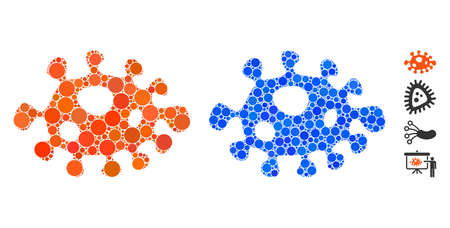 Bacteria mosaic of round dots in variable sizes and color tones, based on bacteria icon. Vector round dots are composed into blue collage. Dotted bacteria icon in usual and blue versions.のイラスト素材