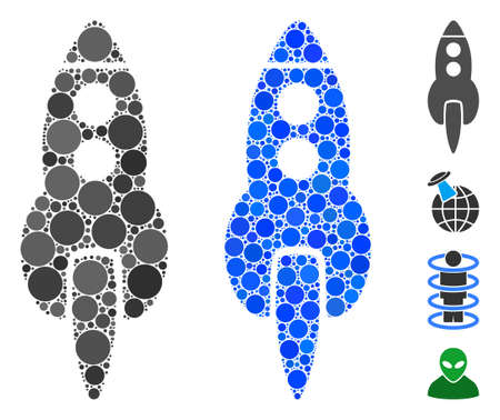 Space rocket composition of round dots in different sizes and color tinges, based on space rocket icon. Vector round dots are composed into blue collage.のイラスト素材