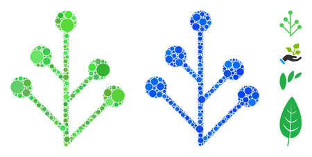 Plant sprout mosaic of spheric dots in different sizes and color tones, based on plant sprout icon. Vector round dots are organized into blue composition.のイラスト素材