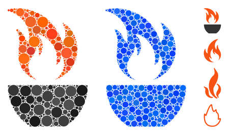 Fire bowl mosaic of round dots in different sizes and color hues, based on fire bowl icon. Vector round dots are united into blue collage. Dotted fire bowl icon in usual and blue versions.のイラスト素材