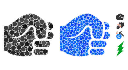 Fist composition of round dots in variable sizes and color hues, based on fist icon. Vector round dots are composed into blue mosaic. Dotted fist icon in usual and blue versions.のイラスト素材