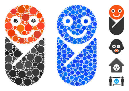 Infant composition of round dots in different sizes and color tones, based on infant icon. Vector round dots are composed into blue mosaic. Dotted infant icon in usual and blue versions.のイラスト素材