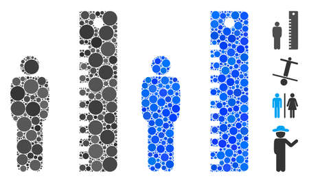 Man height mosaic of round dots in various sizes and color hues, based on man height icon. Vector random circles are organized into blue mosaic. Dotted man height icon in usual and blue versions.のイラスト素材