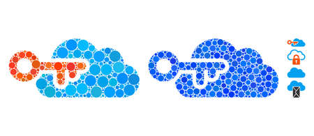 Cloud access mosaic of spheric dots in various sizes and color tones, based on cloud access icon. Vector round elements are organized into blue mosaic.のイラスト素材