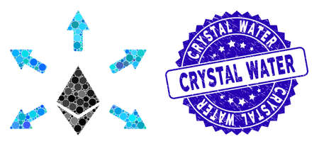Mosaic Ethereum emission icon and grunge stamp watermark with Crystal Water text. Mosaic vector is designed with Ethereum emission icon and with random spheric items.のイラスト素材
