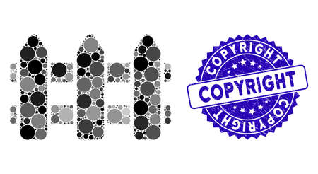 Collage fence icon and rubber stamp seal with Copyright phrase. Mosaic vector is formed with fence icon and with scattered round elements. Copyright seal uses blue color, and scratched surface.のイラスト素材