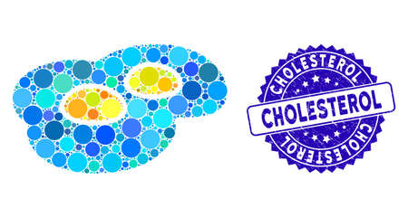 Mosaic fried eggs icon and rubber stamp watermark with Cholesterol text. Mosaic vector is created with fried eggs icon and with randomized circle items. Cholesterol stamp uses blue color,のイラスト素材