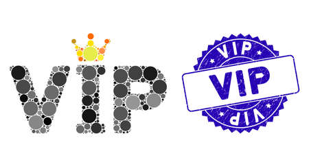 Mosaic VIP icon and grunge stamp seal with Vip caption. Mosaic vector is designed with VIP icon and with random round spots. Vip stamp seal uses blue color, and grunge design.のイラスト素材