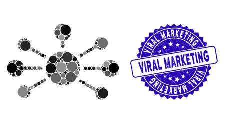 Mosaic relation links icon and grunge stamp seal with Viral Marketing text. Mosaic vector is composed with relation links icon and with scattered round items. Viral Marketing stamp uses blue color,のイラスト素材