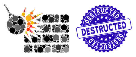 Mosaic brick wall destruction icon and corroded stamp seal with Destructed text. Mosaic vector is designed with brick wall destruction icon and with random spheric elements.のイラスト素材