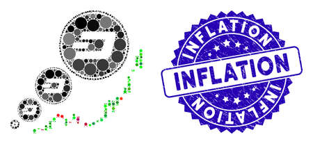 Mosaic Dashcoin inflation chart icon and grunge stamp seal with Inflation text. Mosaic vector is formed with Dashcoin inflation chart icon and with scattered spheric spots.のイラスト素材