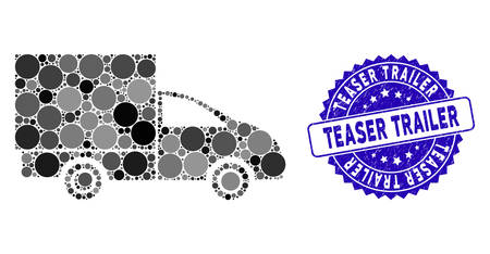 Mosaic lorry icon and distressed stamp watermark with Teaser Trailer caption. Mosaic vector is composed with lorry icon and with randomized spheric items. Teaser Trailer stamp uses blue color,のイラスト素材