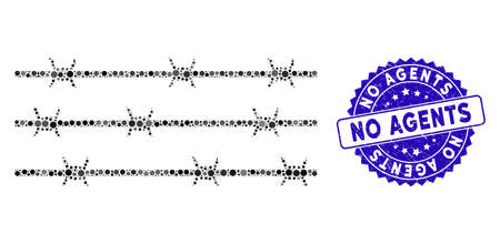 Mosaic barbwire fence icon and corroded stamp seal with No Agents caption. Mosaic vector is created with barbwire fence icon and with scattered spheric spots. No Agents stamp seal uses blue color,のイラスト素材