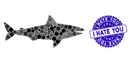Mosaic shark icon and grunge stamp watermark with I Hate You phrase. Mosaic vector is designed with shark icon and with scattered round elements. I Hate You stamp seal uses blue color,のイラスト素材