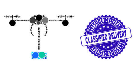 Collage copter shipment icon and grunge stamp seal with Classified Delivery phrase. Mosaic vector is created with copter shipment icon and with random round spots.のイラスト素材