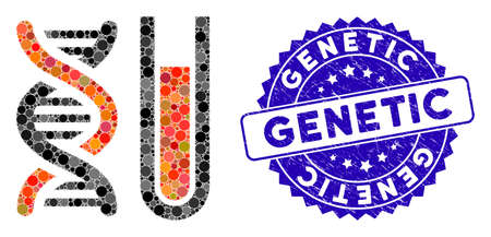 Mosaic genetic analysis icon and rubber stamp seal with Genetic caption. Mosaic vector is composed from genetic analysis icon and with random round elements. Genetic stamp seal uses blue color,のイラスト素材
