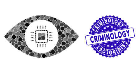 Mosaic electronic vision lens icon and corroded stamp watermark with Criminology phrase. Mosaic vector is formed with electronic vision lens icon and with randomized spheric spots.のイラスト素材