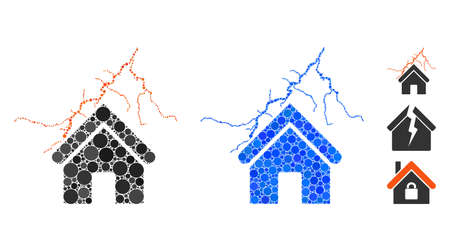 Home in thunderstorm mosaic of spheric dots in variable sizes and color tones, based on home in thunderstorm icon. Vector round elements are united into blue mosaic.のイラスト素材