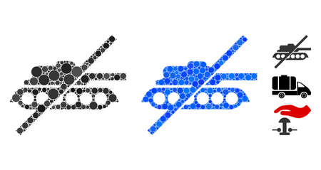 No tank composition of round dots in variable sizes and color tinges, based on no tank icon. Vector round elements are combined into blue composition. Dotted no tank icon in usual and blue versions.のイラスト素材