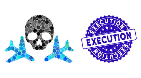Mosaic mortal airplanes icon and corroded stamp seal with Execution phrase. Mosaic vector is designed from mortal airplanes icon and with randomized circle elements.のイラスト素材