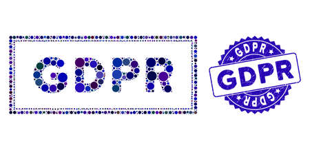 Mosaic GDPR rectangle icon and rubber stamp seal with Gdpr phrase. Mosaic vector is designed from GDPR rectangle icon and with scattered spheric items. Gdpr seal uses blue color, and rubber design.のイラスト素材