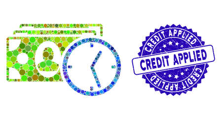 Mosaic credit icon and grunge stamp seal with Credit Applied caption. Mosaic vector is designed from credit icon and with random spheric spots. Credit Applied stamp uses blue color, and dirty texture.