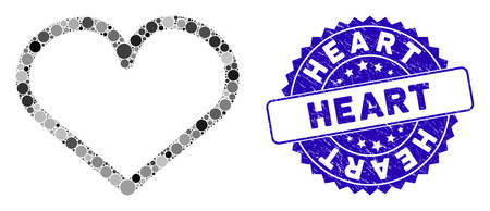 Mosaic heart icon and grunge stamp watermark with Heart caption. Mosaic vector is composed with heart icon and with randomized circle spots. Heart stamp uses blue color, and dirty design.のイラスト素材