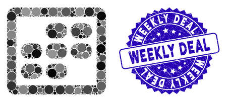 Mosaic week calendar icon and distressed stamp seal with Weekly Deal caption. Mosaic vector is composed from week calendar icon and with scattered round spots. Weekly Deal stamp seal uses blue color,のイラスト素材
