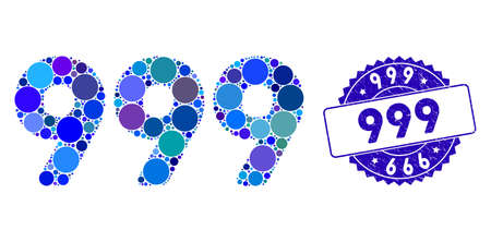 Mosaic 999 digits text icon and distressed stamp watermark with 999 caption. Mosaic vector is formed with 999 digits text icon and with scattered round items. 999 stamp seal uses blue color,のイラスト素材