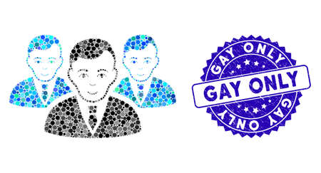 Mosaic manager group icon and grunge stamp seal with Gay Only phrase. Mosaic vector is designed from manager group icon and with randomized spheric items. Gay Only stamp uses blue color,のイラスト素材