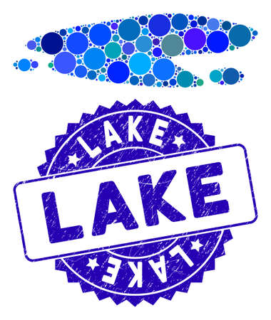 Mosaic puddle icon and rubber stamp seal with Lake text. Mosaic vector is composed with puddle icon and with scattered circle items. Lake stamp seal uses blue color, and grunged design.のイラスト素材