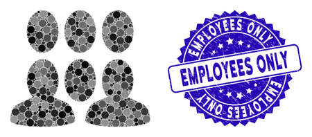 Collage auditory icon and rubber stamp seal with Employees Only text. Mosaic vector is designed with auditory pictogram and with random round spots. Employees Only stamp seal uses blue color,のイラスト素材