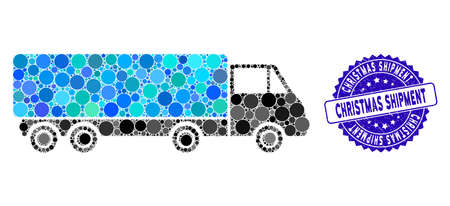 Collage cargo wagon icon and grunge stamp watermark with Christmas Shipment phrase. Mosaic vector is composed with cargo wagon icon and with scattered round spots.のイラスト素材
