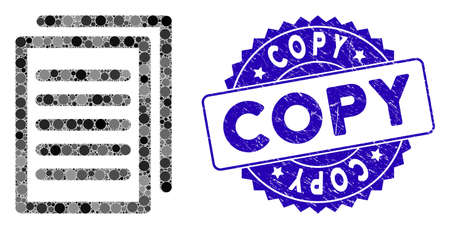 Mosaic copy icon and grunge stamp watermark with Copy caption. Mosaic vector is composed with copy icon and with scattered circle elements. Copy stamp seal uses blue color, and grunge design.のイラスト素材