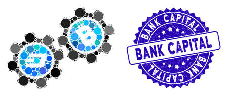 Mosaic Dash Bitcoin gears icon and rubber stamp seal with Bank Capital caption. Mosaic vector is formed with Dash Bitcoin gears icon and with scattered spheric elements.のイラスト素材