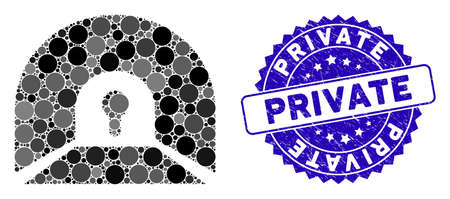 Mosaic private tunnel icon and distressed stamp seal with Private phrase. Mosaic vector is formed with private tunnel icon and with random circle items. Private stamp seal uses blue color,のイラスト素材