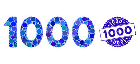Mosaic 1000 digits text icon and rubber stamp watermark with 1000 caption. Mosaic vector is designed from 1000 digits text icon and with random round spots. 1000 stamp seal uses blue color,のイラスト素材