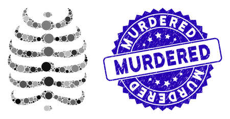 Collage skeleton ribs icon and corroded stamp seal with Murdered phrase. Mosaic vector is designed with skeleton ribs icon and with randomized round items. Murdered stamp seal uses blue color,のイラスト素材