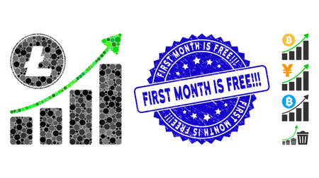 Collage Litecoin growing chart trend icon and rubber stamp seal with First Month Is Free!!! phrase. Mosaic vector is composed with Litecoin growing chart trend icon and with random spheric spots.のイラスト素材