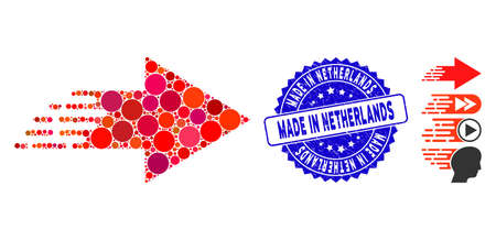 Mosaic rush move right icon and distressed stamp seal with Made in Netherlands caption. Mosaic vector is formed with rush move right pictogram and with randomized round spots.のイラスト素材
