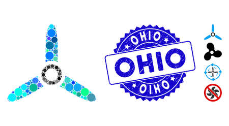 Mosaic three bladed screw icon and corroded stamp seal with Ohio caption. Mosaic vector is composed with three bladed screw icon and with randomized spheric spots. Ohio stamp seal uses blue color,のイラスト素材