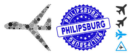 Mosaic uav icon and grunge stamp watermark with Philipsburg caption. Mosaic vector is created with uav icon and with randomized spheric items. Philipsburg stamp seal uses blue color,のイラスト素材